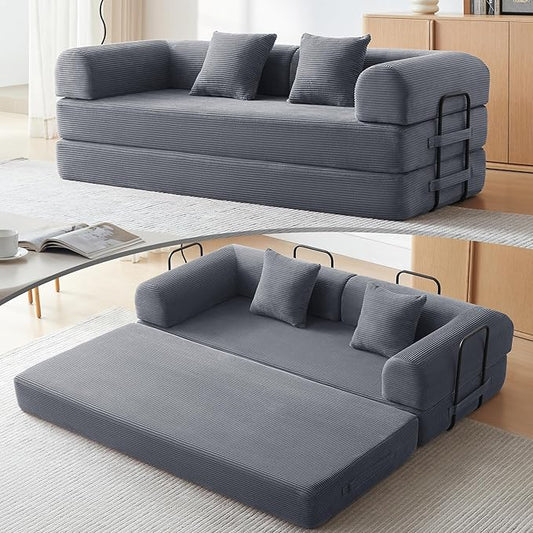 Sofa Bed Corduroy Sleeper Sofa Bed with Fixed Frame Floor Sofa Lounge with Pillow Convertible Folding Mattress Couch for Living Room Bedroom Lounge Studio (Dark Grey)