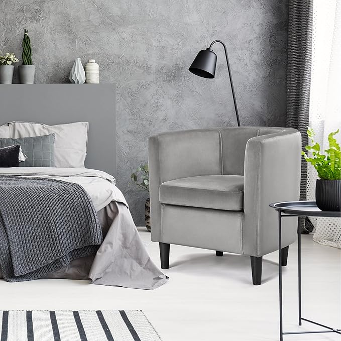 Yaheetech Accent Chair Modern Velvet Armchairs with Big Ample Seat Half Rounded Back Cozy Upholstered Barrel Sofa Chair for Living Room Bedroom Waiting Room Gray