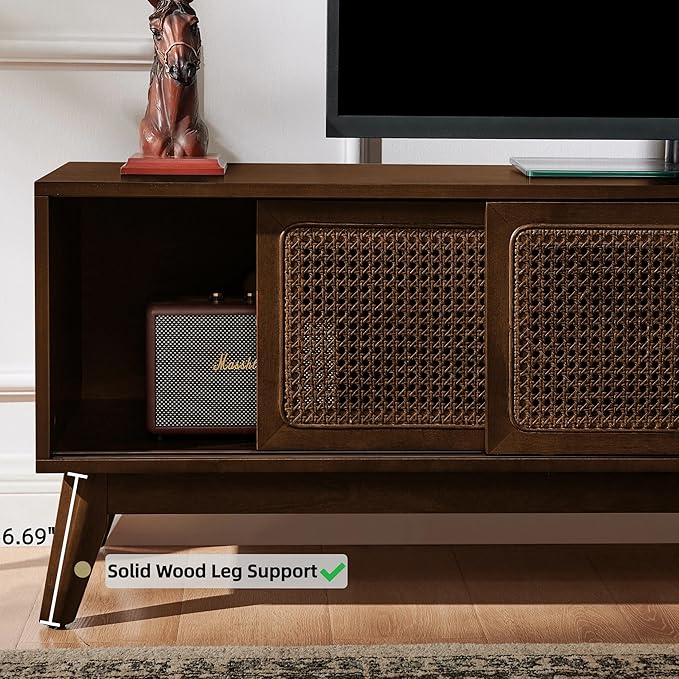 LKTART Boho Mid Century TV Stand59 Rattan Entertainment CenterMedia Console with Solid Wood LegsAdjustable Feet &amp Divided StorageTV Cabinet for 65 Inch TVDark Walnut