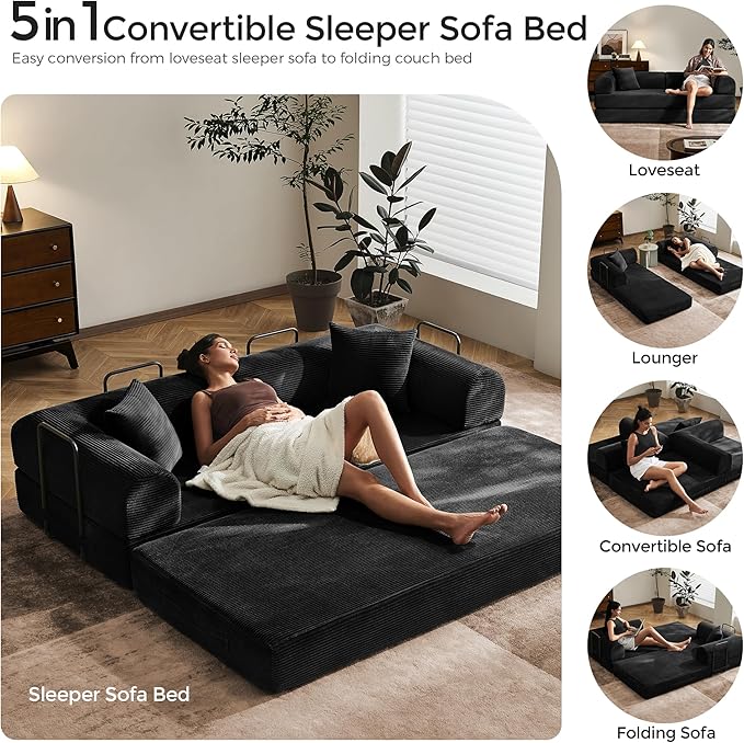 79 Convertible Sofa Bed with Fixed-Shape Frame &amp Removable Armrests Modular Corduroy Sleeper Sofa Folding Mattress Couch for Small Spaces - No Assembly Needed in Black (Includes 2 Pillows)