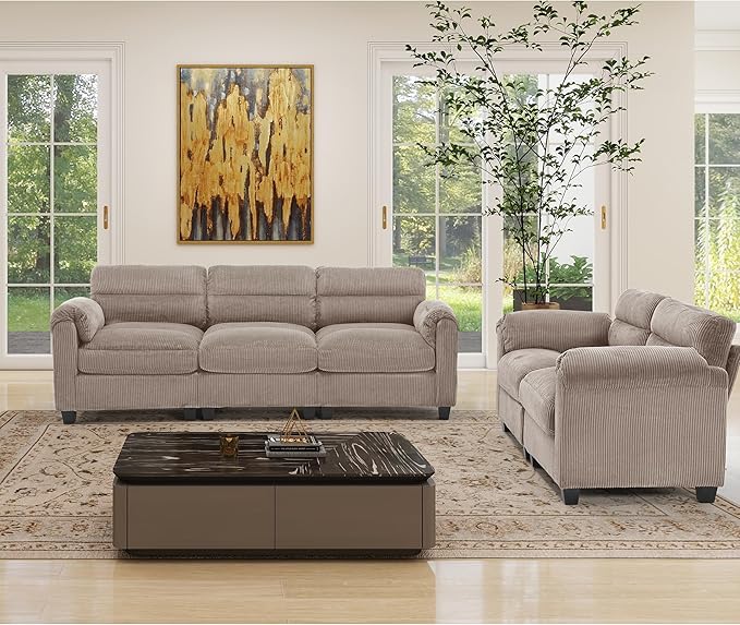 Corduroy Sofa SetUpholstered Loveseat and 3-Seater Couch with Plush Cushions and Rolled Arms Modern Living Room Furniture SetsBrown