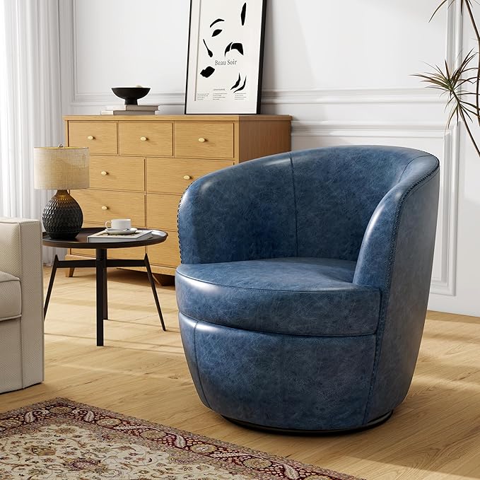 Swivel Barrel Chair Modern Round PU Leather Accent Armchair for Living Room Bedroom Comfy Club Reading Chairs for Adults (Leather Navy Blue Set of 2)