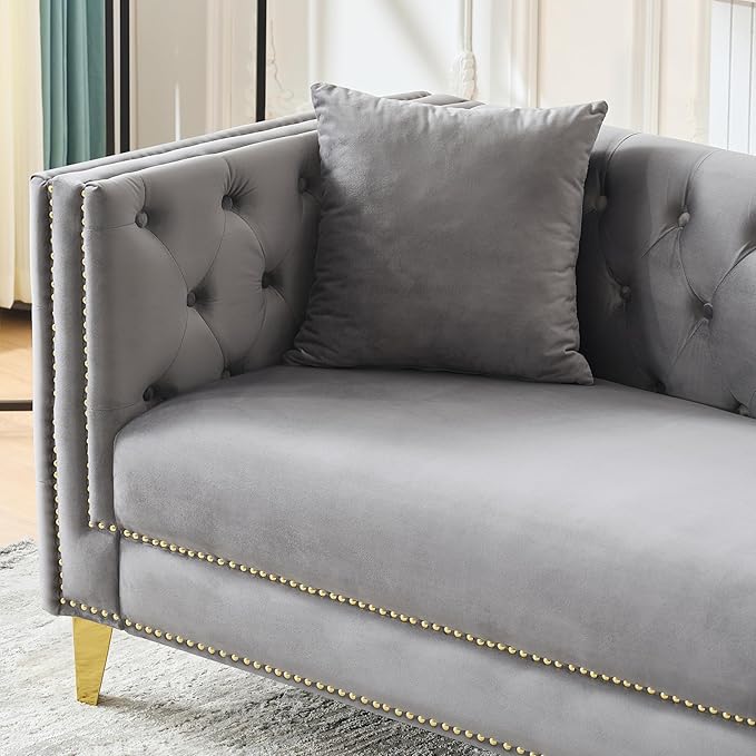 DEINPPA 2 Piece Chesterfield Couch Sets Velvet 3 Seater Sofa Set with Throw Pillows Comfy Couch with Nailhead Trim and Metal Legs for Living Room/Apartment/Office-Grey