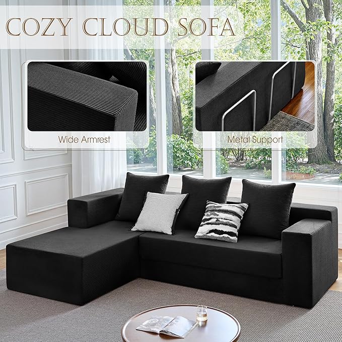 YINIX 106 Modular Sectional Sofa Modern Cloud Couch with L-Shape Chaise Upholstered Boneless Couches with Deep Seat Comfy Corduroy Sofa for Living Room Bedroom No Assembly (Black)