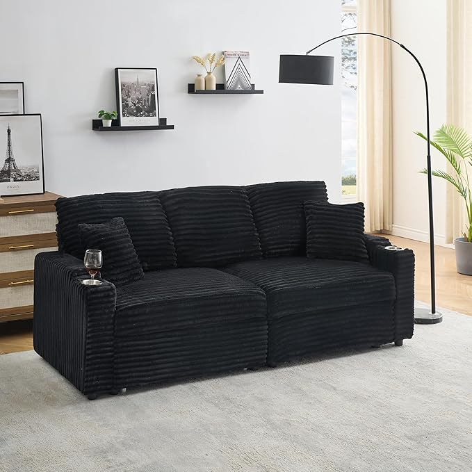 KEIKI 80 Pull Out Folding Sofa 2 in 1 Foldable Couch with Hidden Lying Function Cup Holder Corduroy Loveseat Sofabed for Apartment Living Room Office Black