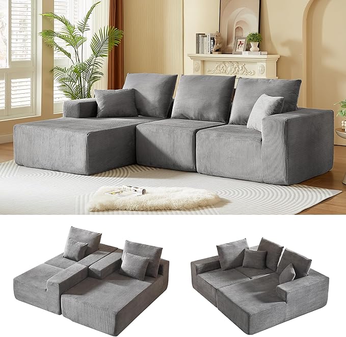 109.4 Cloud Sectional Couch Modern Modular L Shape Sectional Sofa with Deep Seat Chaise Comfy Corduroy Boneless Couches for Living Room (Dark Grey Left Chaise)