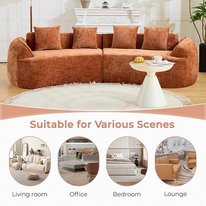109'' Modern Curved Sectional Sofa Luxury Plush Chenille Upholstered Couch Comfy Cloud Compressed Sofa with 4 Pillows for Living Room Apartment Office No Assembly Needed Orange
