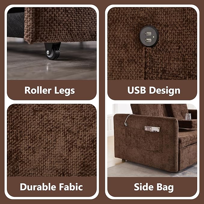 57.48 Convertible Sofa Bed with Cup Holder Pull Out Sleeper Sofa Bed with USB Charging Ports 3 in 1 Convertible Sleeper Sofa Bed for Living Room Apartment Bedroom RV Brown