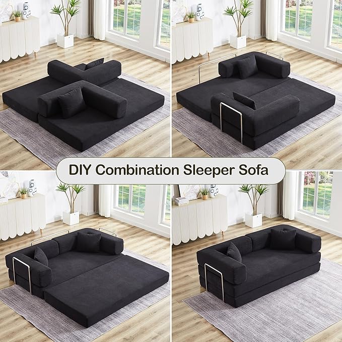 Convertible Sleeper Sofa Bed with All High-density Foam No Assembly Foldable Sleeper Couch Folding Floor Boneless Mattress Lounge Couch for Living Room Bedroom Apartment Office Orange All Foam