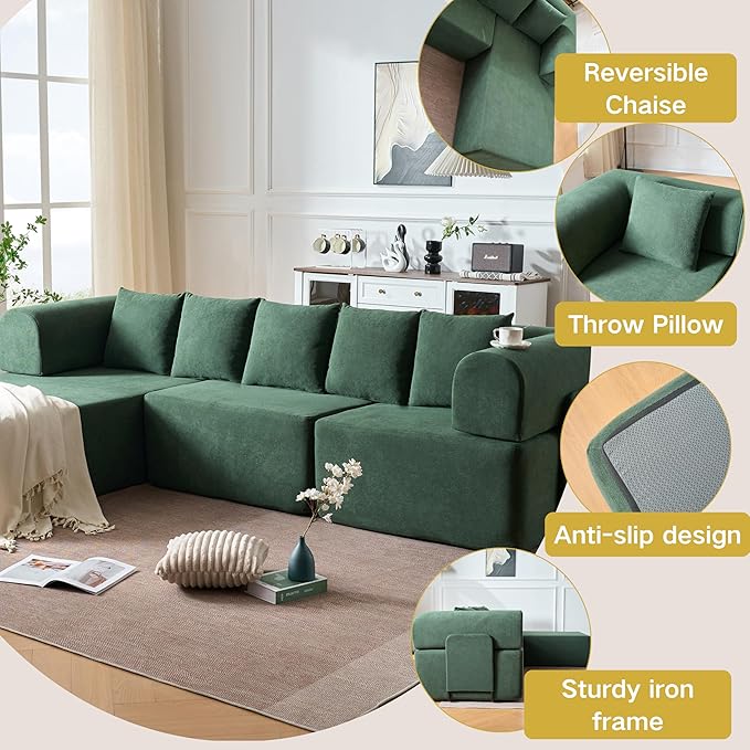Boneless L-Shaped Modular Couch - 106 Inch Cloud Velvet Sectional SofaDeep Seating Comfort No Assembly Required Ideal for Apartments &amp Living RoomsGreen