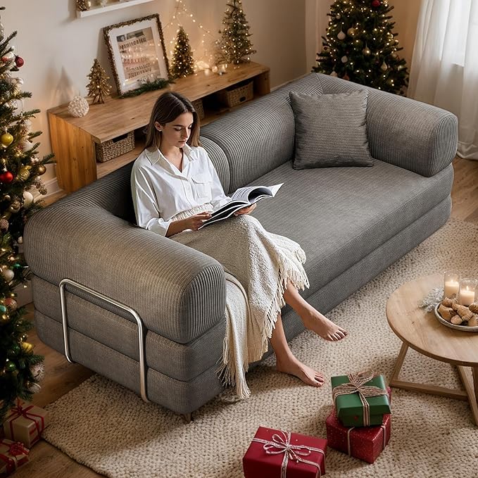 78.8 Corduroy Convertible Sofa Bed with Stainless Fixed-Shape Frame 4-in-1 Boneless Loveseat with Pull-Out Bed Lounge Futon Sofa Couch Floor Mattress for Living Room No Assembly Required(Grey) | C