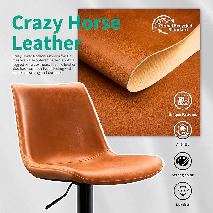 Vintage Bar Stool Height Adjustable Crazy Horse Leather Bar Chair X-Large Base and Seat Bar Stools Ergonomic Bistro Stool with Footrest for Kitchen Dining Bistro Pubx Set of 2 Whisky Brown