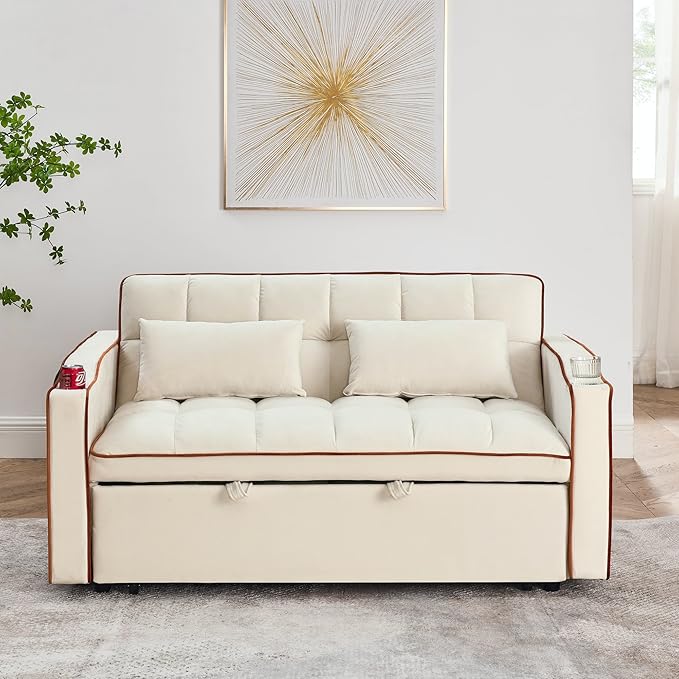 Dreamzie 3 in 1 Convertible Sleeper Sofa Bed Pull Out Couch for Living Room with Swivel Phone Stand Loveseat Sleeper with Side Pocket | Adjustable Backrest | USB Port | Cup Holder(Fabric Beige)