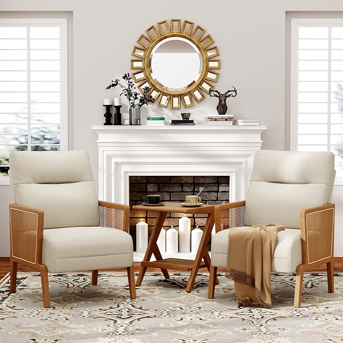 Yongchuang Accent Chair Set of 2 Upholstered Living Room Chairs with Natural Rattan Armrest Modern Linen Side Chairs Armchair for Club Reading Bedroom Ivory