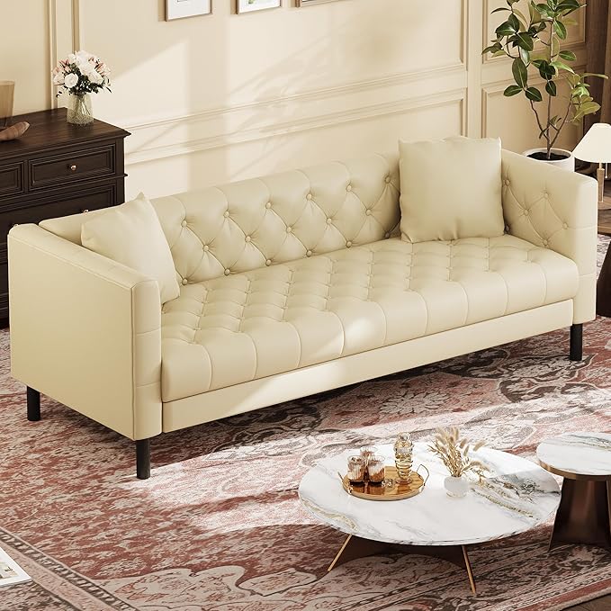GarveeHome 81 in Leather Couch for Living Room Modern Sofa Couch with Deep Seat and 2 Pillows Handmade Button Tufted 3 Seater Sofa Leather Sofa for Apartment Office Beige