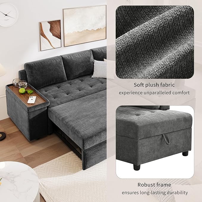 Modern 91.5-Inch L Shaped Sectional Sofa Couch Pull-out Sofa Bed Sleeper with Storage Ottoman and Wide Storage Armrest Polyester Convertible Corner Couch for Living Rooms Offices (Grey-9.8)