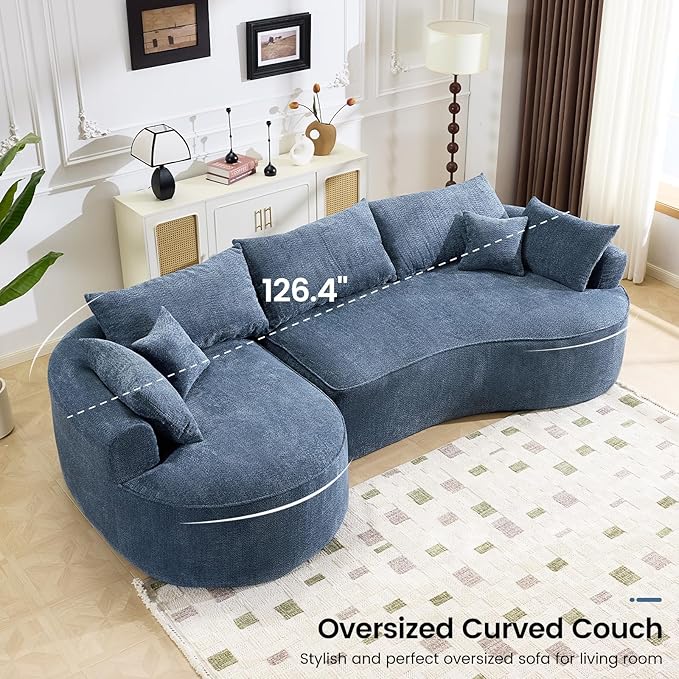 126” Oversized Curved Sectional Sofa L Shaped Chenille Boneless Couch with Deep Seat &amp 7 Pillows for Living Room Bedroom No Assembly Required (Blue)