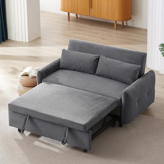 Pull-Out Sofa Bed Convertible Couch 2 Seat Loveseat Sofa Corduroy Fabric Upholstered Sleeper Sofa with 2 Throw Pillows and USB Ports for Living Room Office Apartment (Dark Grey)