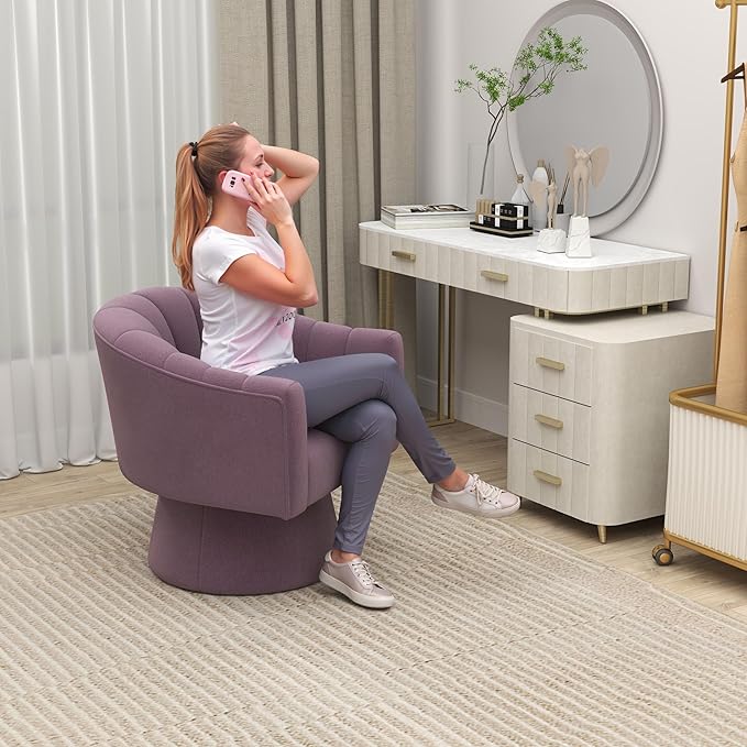 Swivel Accent ChairUpholstered Velvet 360° Swivel Barrel Chair for Living Room Overstuffed Bouncle Reading Chair Round Armchair for BedroomVanityOffice(Purple)