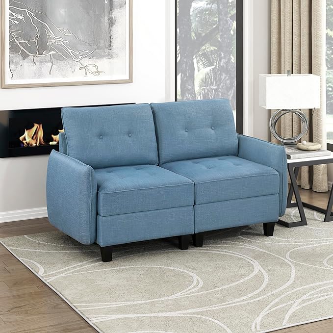 Lexicon Modern Loveseat with Hidden Storage Textured Fabric Modular Love Seat with Button-Tufted Design Reversible Back Cushion for Living Room/Bedroom/Office Blue