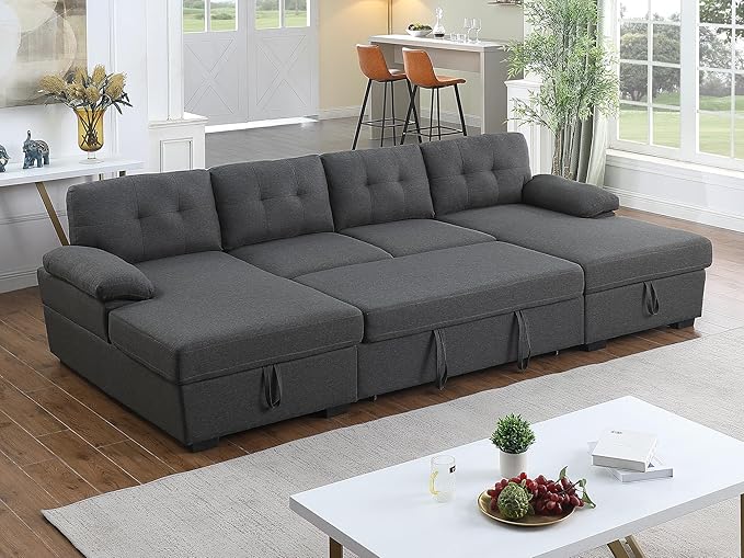 BEEY Sectional Sleeper Sofa 120 Oversized Couch Bed 4 Seat Sofa Bed U Shaped Sectional Couch with Pull Out Bed and Double Storage Chaise for Living Room Bedroom Dark Grey