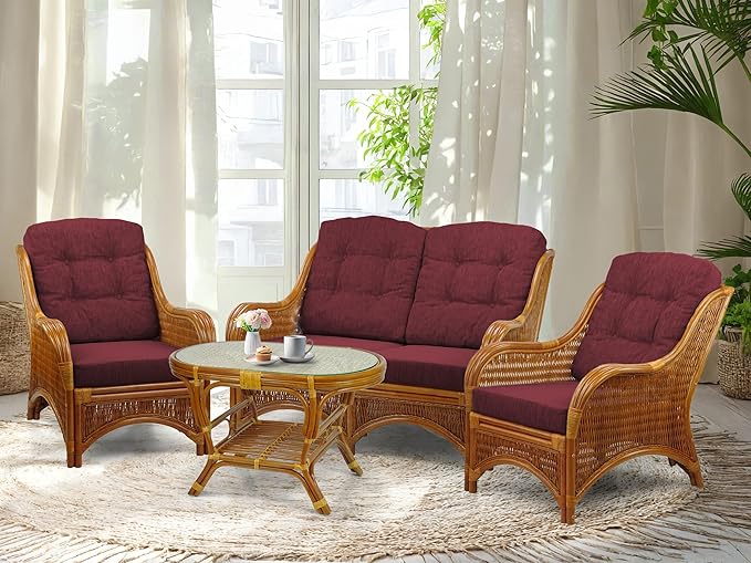 Wickerix Jam Lounge Living Accent Armchair Colonial Color Natural Rattan Wicker Handmade Design with Dark Brown Cushion