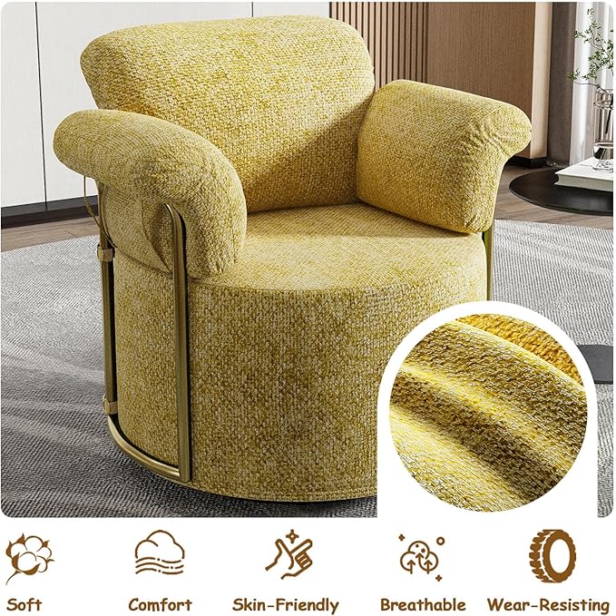 Swivel Accent Chairs for Living Room 360 Swivel Barrel Chair &amp Round Accent Chair with Armrests and Back for Office and Living Room (Yellow)