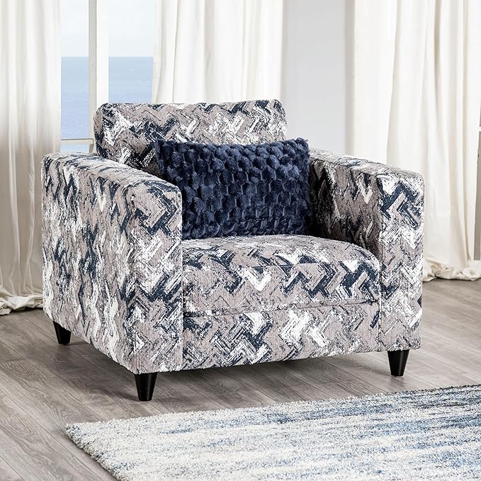 Furniture of America Belmore Modern Chenille Chair with Track Armrest and Accent Pillows Wooden Comfortable Couch for Living Room Bedroom Office Oeko TEX Certified Light Grey