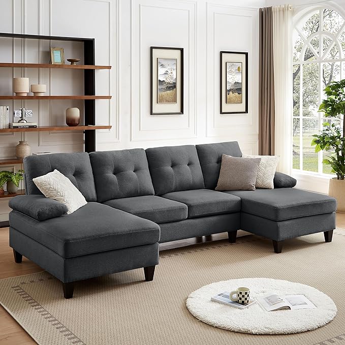 111 Sectional Couch for Living Room Modern Polyester Fibre U Shaped Sofa Couches with Double Chaise Upholstered 4 Seater Sofa for Living Room Apartment Office Dark Grey