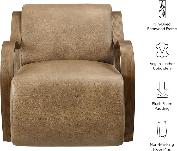 Modway Atrium Vegan Leather Upholstered Lounge Chair in Toast with Sculptural Bentwood Arms – Mid-Century Modern Accent Armchair for Living Room or Bedroom