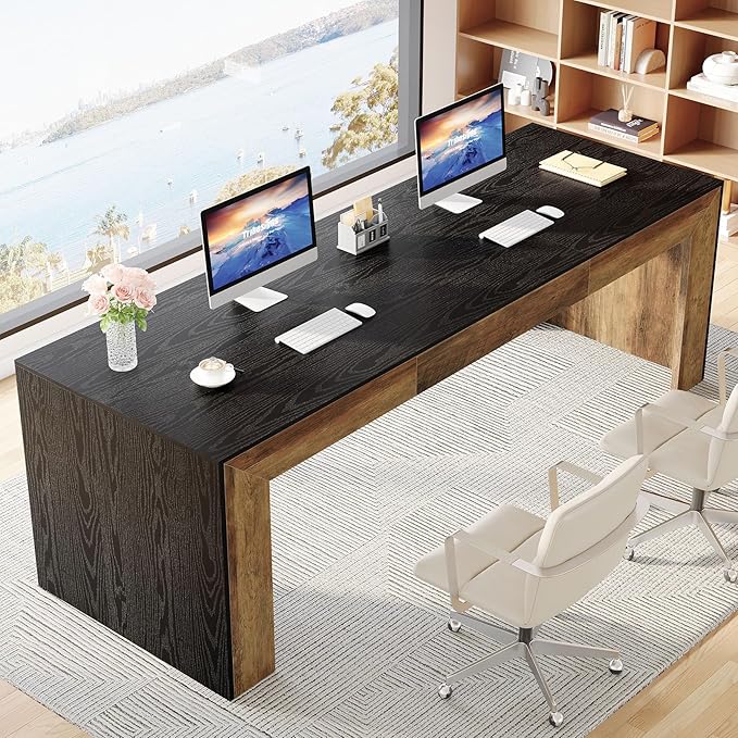 Tribesigns 78.7-Inch Long Computer Desk for 2 People Farmhouse Executive Desk with Wooden Desktop and Legs Large Workstations Writing Table Gaming Table for Home Office Heavy Duty Black + Brown