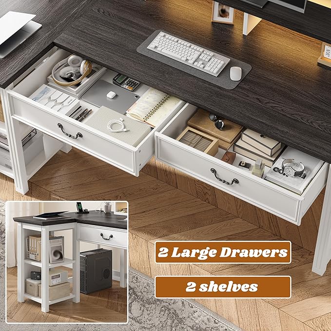 EnHomee 55 L Shaped Farmhouse Computer Desk with Drawers Office Desk with Long Monitor Stand &amp Storage Shelves for Bedroom Desk for Home Office Desks with Power Outlets &amp LED Lights Study