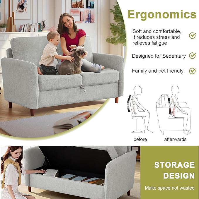 Loveseat Sofa56 Love Seat with Storage SpaceModern Small Couches for Small SpacesCozy Couch and Loveseat Sets for Living Room2 Seater Couch for Bedroom(Light Gray 56.5''-2seat)