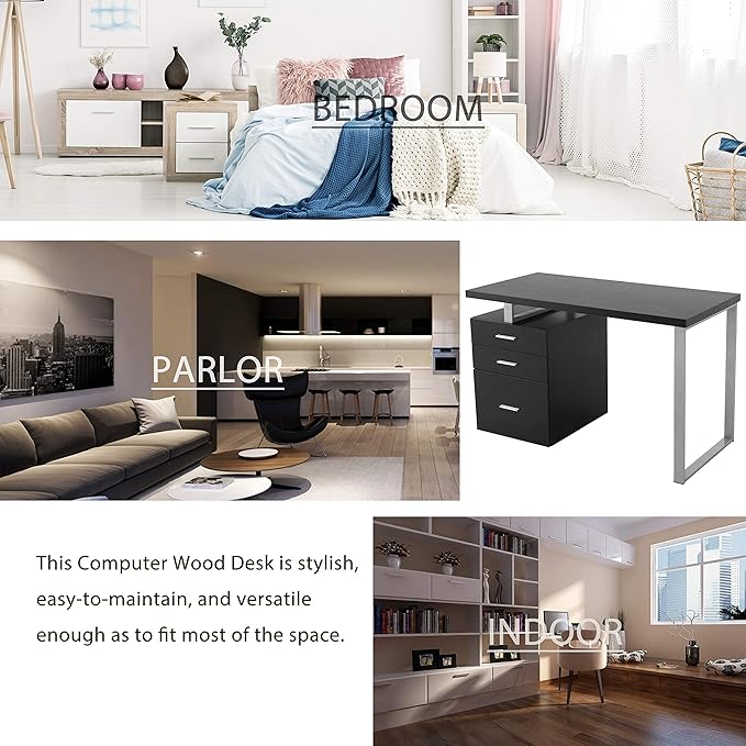 LOKATSE HOME Computer Desk with Drawers File Cabinet-Reversible Set Up Office Writing Study Desks Furniture Silver Metal Frame 47 Cappuccino