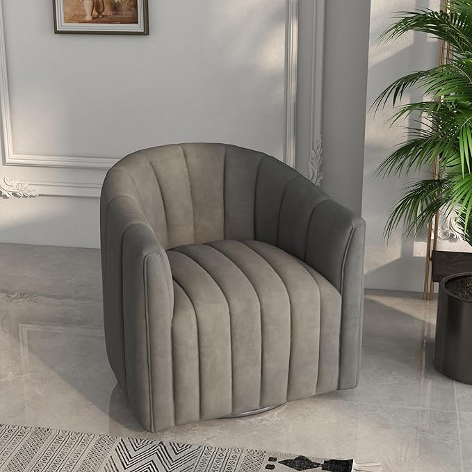 Swivel Accent ChairCuddle Modern Barrel ArmchairComfy Velvet Round Chair with Metal Base for Living Room Bedroom(Gray)