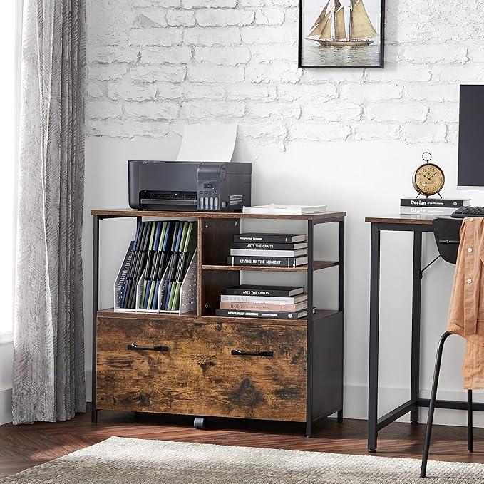 VASAGLE Lateral File Cabinet for Home Office Filing Cabinet with Open Shelves and Drawer for A4 Letter and Legal Sized Documents Printer Stand Rustic Brown and Ink Black UOFC043B01