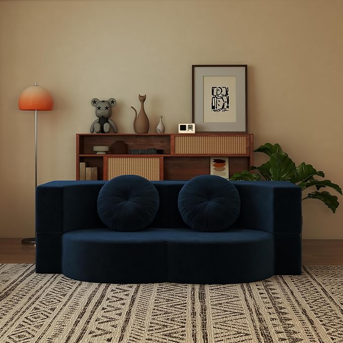 76 Plush Corduroy Convertible Sleeper Sofa Bed Modern Loveseat Sofa with 2 Pillows Compression Couch with Folding Mattress for Living Spaces Blue