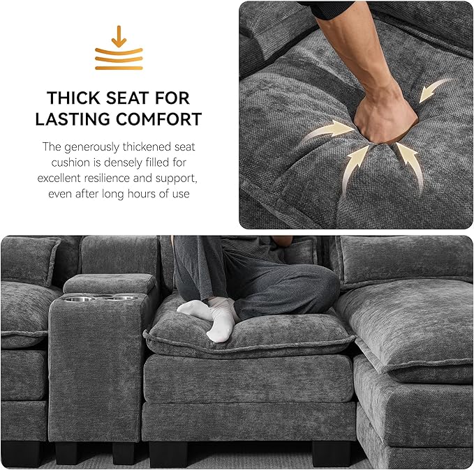 125'' U Shaped Cloud Modular Sofa Chenille Upholstered Comfy Sectional Couch with Storage Console USB Charging Ports &amp Cup Holders Modern Deep Seat Sofa for Living Room Grey