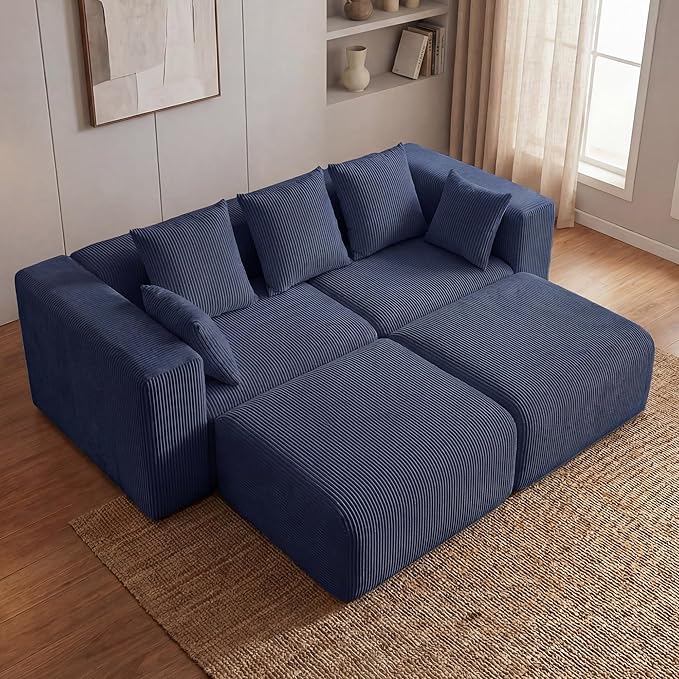 Redlife 117” Modular Sectional Sofa with Ottoman L Shaped Modular Couch Large Sectional Couches Corduroy Combination Sofas for Living Room Apartment Bedroom No Assembly Required Blue