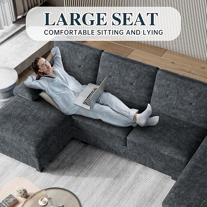 Shintenchi U-Shaped Sectional Couches for Living Room 4 Seat Sofa with Double Chaise LoungesSolid Wood Frame Sectional Sofa for ApartmentDark Grey