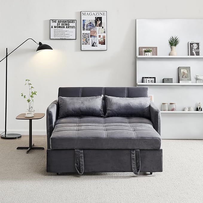 55.5 Velvet Convertible Sofa Bed Pull Out Sleeper Sofa Bed Loveseat Couch with USB Charging Ports 3 in 1 Convertible Sleeper Sofa Bed for Living Room Apartment Bedroom RV Grey