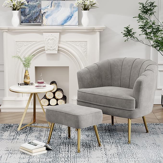 Andeworld Velvet Accent Chair with Ottoman Upholstered Modern Single Sofa Side ChairComfy Barrel Club Living Room Armchair with Golden Metal Legs for Bedroom Living Reading Room Office Grey