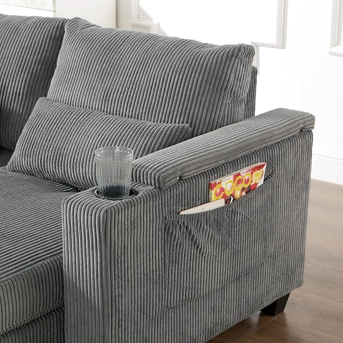 Merax Modern Upholstered Indoor Chaise Lounge with Pillows Charge Station &amp Cup Holders Single Sofa Couch with Armrest and Soild Legs Easy Assemble Gray