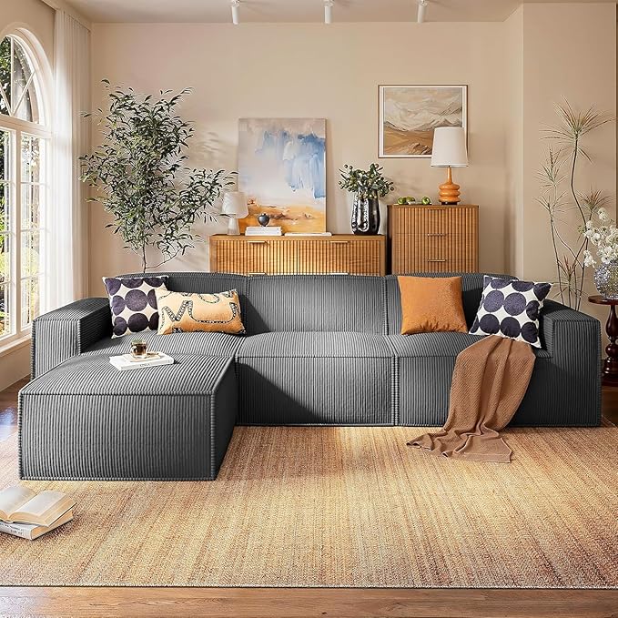 Marsail Modular Sectional Sofa 111 L-Shaped Modular Sectional Couch with Deep Seat Freely Combinable Sectional Cloud Sofa for Living Room No Assembly Plush Corduroy Fabric Grey