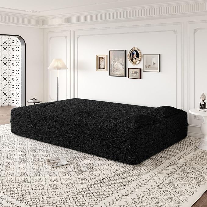 78” Floor Sleeper Sofa Bed Modern 2 in 1 Full Size Foldable Mattress with 2 Pillows Convertible Boneless Couch with Deep Seat for Living Room No Assembly Required (Black &amp Teddy) | No Assembly