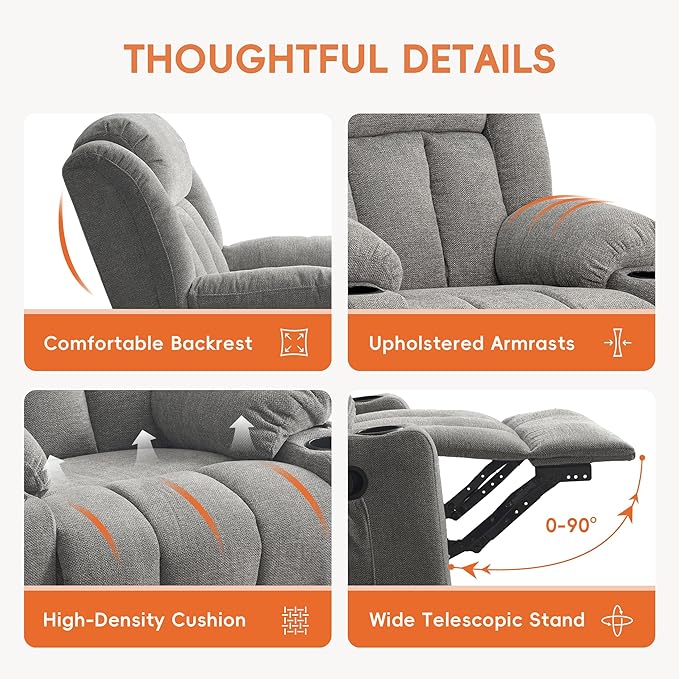 Rocker Swivel Recliner Chair for Adults Overstuffed Large Manual Recliner Glider with Massage and Heat Comfy Soft Fabric Living Room Reclining Sofa Chair (Lime Gray)