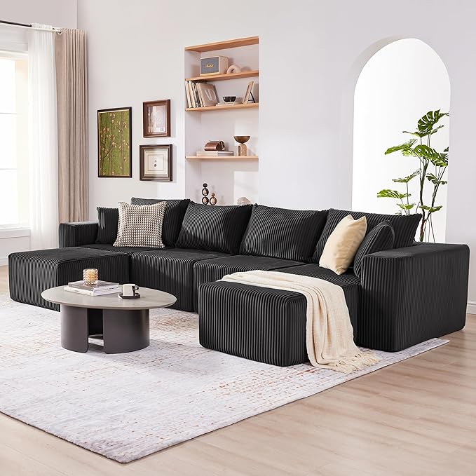 135.4 Cloud Couch Sectional Modular Sectional Sofa with Deep Seat Plush Corduroy U Shaped Boneless Couch Convertible Sectional Couches for Living Room 6Seat Black