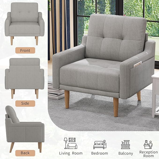 EJUNQ Mid Century Accent Chair Upholstered ArmchairComfy Reading Chair with Wood LegsModern Single Sofa Chair for Living Room Bedroom Small Spaces (1 Grey)