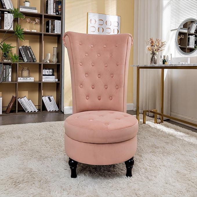 Royal High-Back Velvet Accent Chair for Vanity with Storage and Luxurious Upholstery Retro Design and Versatile Usage for Living Room Bedroom Lounge and Office Rose