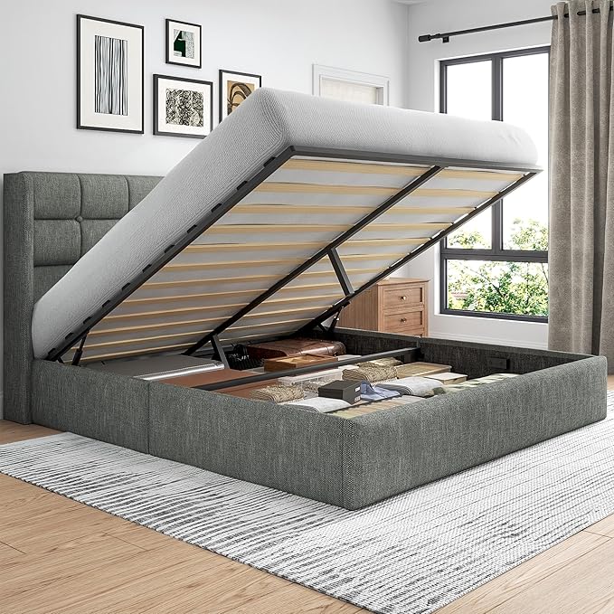 Lifezone Queen Size Lift Up Storage Bed Frame Linen Upholstered Queen Platform with Button Tufted Wingback Headboard and Under-Bed Storage Hydraulic Support No Box Spring Needed Noise Free Grey